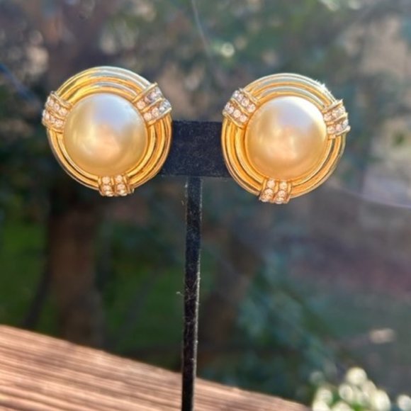 CINER - Large Pearl Rhinestone Statement VTG EARRINGS - Picture 1 of 12